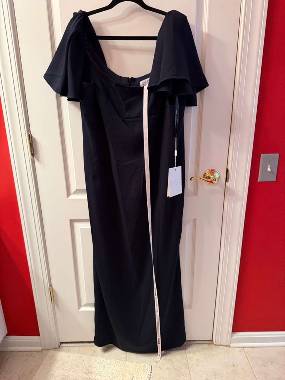 Mac Duggal Navy Crepe Fitted Column Dress With Short Ruffle Sleeves
